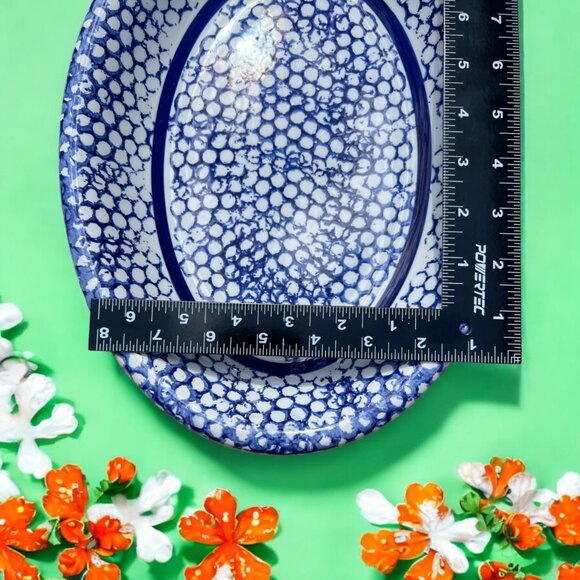 Hand-Painted Polish Pottery Blue & White Oval Plate 12" Stoneware Serving Dish D - Picture 4 of 4